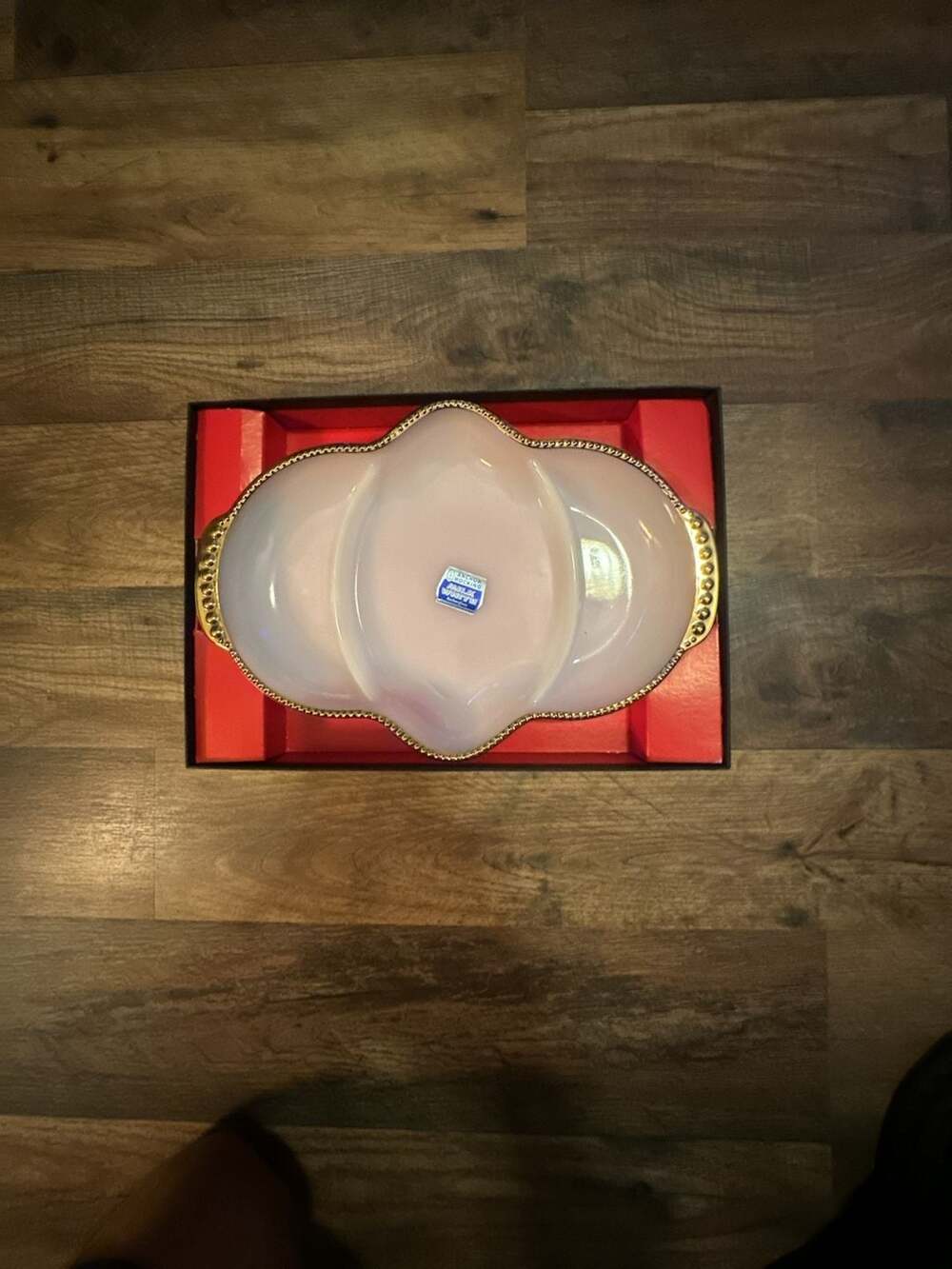 Unused Anchor Hocking Golden Shell Milk Glass Gold Trim Divided Dish